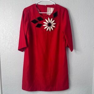 Karta Red Embellished Floral Shift Dress Mod Style 3/4 Sleeve Womens Large